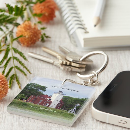 40 Mile Point Lighthouse, dubbelzijdige sleutelket Sleutelhanger (Voorkant Rechts)