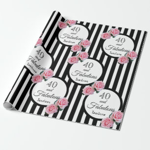 40 prachtige roze rozen zwart witte strepen cadeaupapier