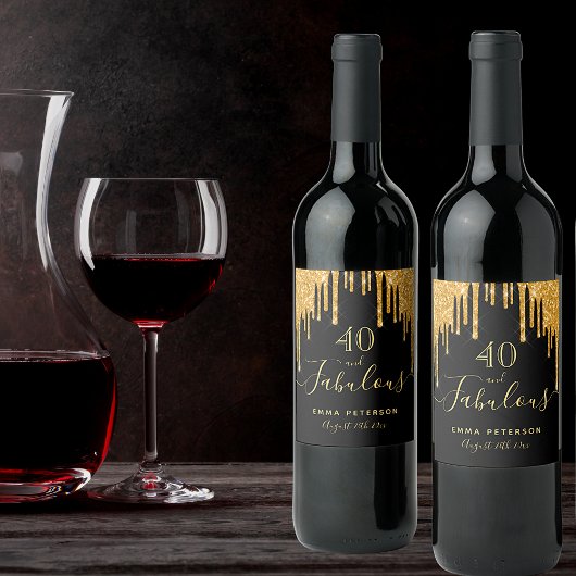 40 prachtige verjaardag zwarte goudglitter sparkle wijn etiket