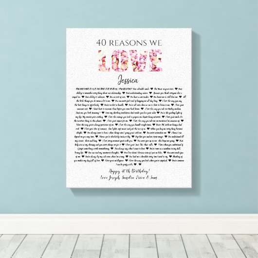 40 redenen die we van je houden omdat je verjaarda canvas afdruk (Insitu (Houten vloer))