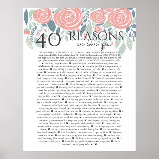 40 redenen waarom we van je houden roze rozen 50st poster (Voorkant)