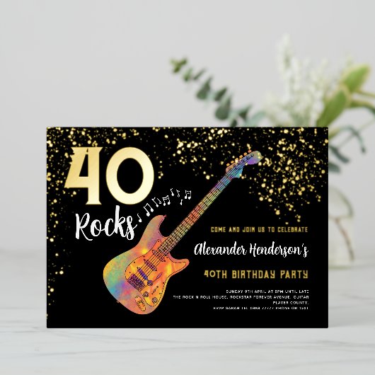 40 Rocks 40e verjaardagsfeestje gouden glitter Folie Uitnodiging (Staand Voorkant)