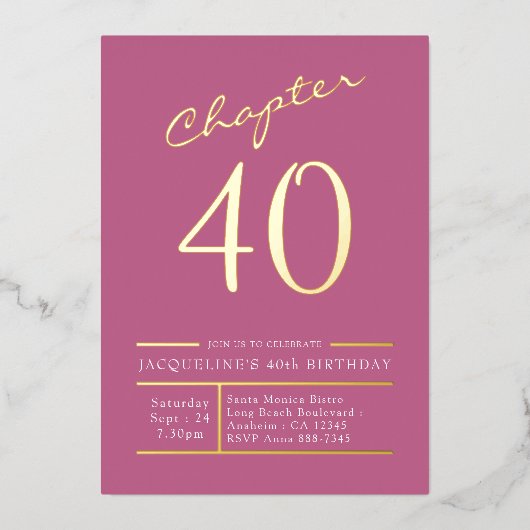 40 Roze 40e verjaardag Gold Folie Uitnodiging (Voorkant)