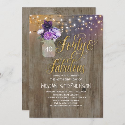 40 Rustieke Verjaardag - Paarse Bloemen Mason Jar  Kaart (Voorkant / Achterkant)