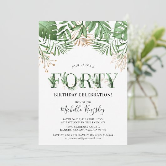 40 Tropische Waterverf Greenery 40th Birthday Kaart (Staand voorkant)