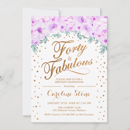 40 Uitstekend Verjaardagsfeest - Wit Goud Paarse Kaart (Voorkant)