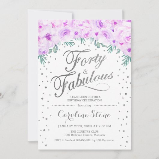 40 Uitstekend Verjaardagsfeest - Wit Zilver Paarse Kaart (Voorkant)