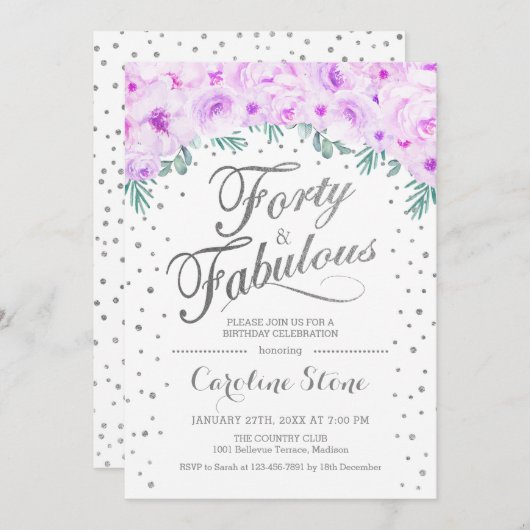 40 Uitstekend Verjaardagsfeest - Wit Zilver Paarse Kaart (Voorkant / Achterkant)