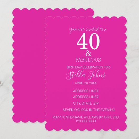 40 Uitstekende Verjaardag Hot Roze Wit Scallopped Kaart (Voorkant / Achterkant)