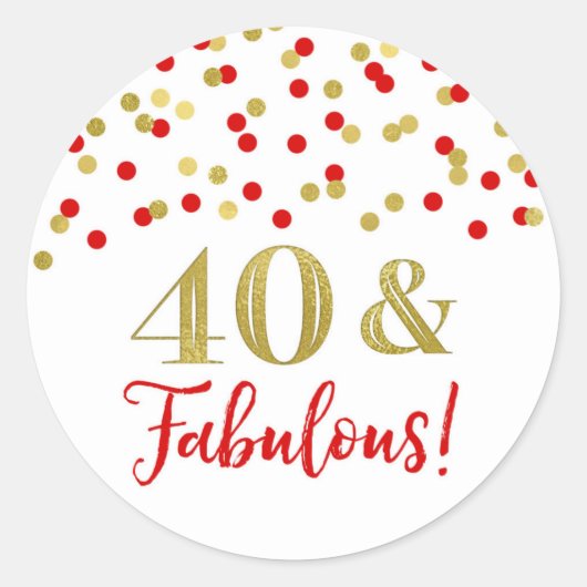 40 & Uitstekende Verjaardag Rode Gouden Confetti Ronde Sticker (Voorkant)