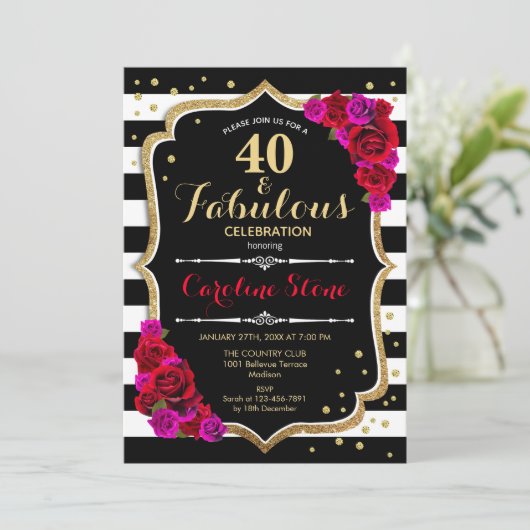 40 Uitstekende Verjaardag - Zwart Wit Strepen Roze Kaart (Staand voorkant)