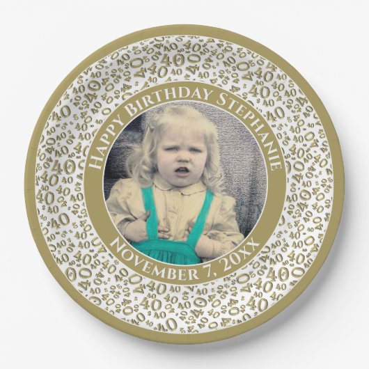 40 Uw foto Willekeurige nummerpatroon Goud/Wit Papieren Bordje (Voorkant)