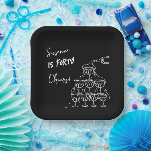40 years Birthday Champagne tower funky Papieren Bordje (Feest)
