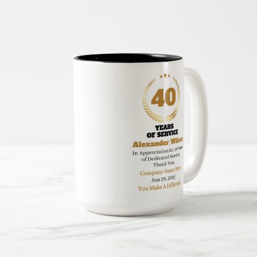 40 Years of Service Employee Appreciation – Custom Tweekleurige Koffiemok (Voorkant rechts)