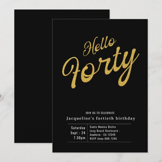 40 zwarte goudmakreel Modern 40e verjaardag uitnod Kaart (Voorkant / Achterkant)