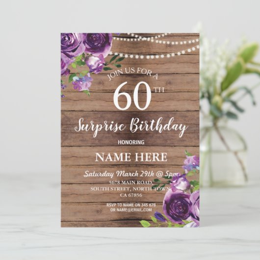 40e 50e 60 Verrassingsfeest Paarse Hout Kaart (Staand voorkant)
