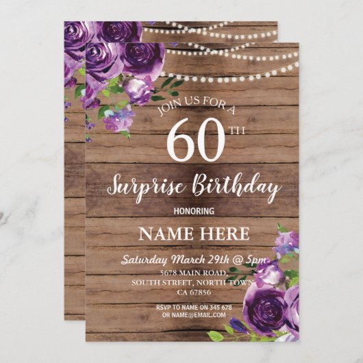 40e 50e 60 Verrassingsfeest Paarse Hout Kaart (Voorkant / Achterkant)