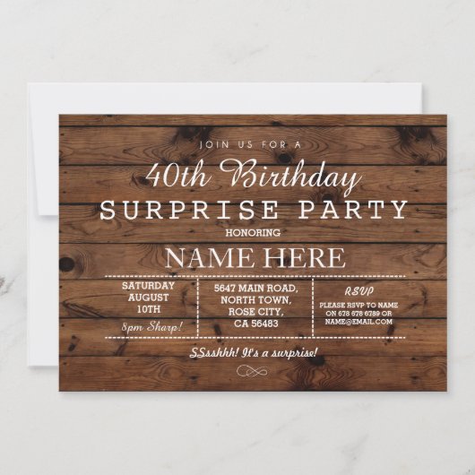 40E 50E 60E BIRTHDAY PARTIJ WOOD SURPRISE INVITE KAART (Voorkant)