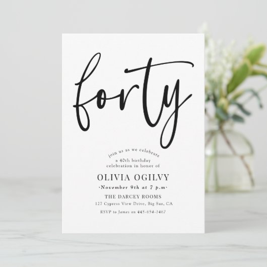 40e B & W Verjaardagsfeest Moderne Script Typograf Kaart (Staand voorkant)