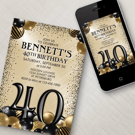 40e ballonnen zwart goud verjaardag kaart