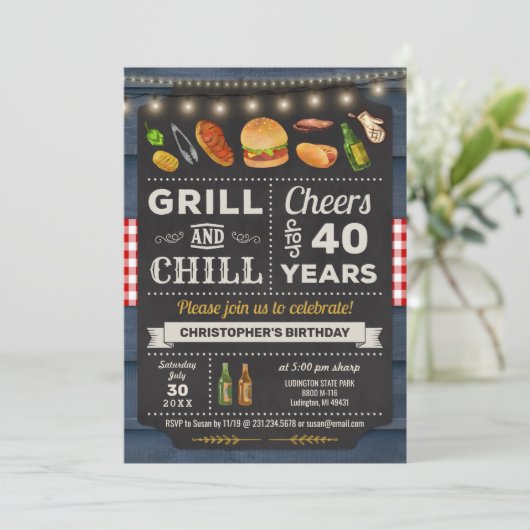 40e BBQ Grill and Chill Birthday Invitation Kaart (Staand voorkant)