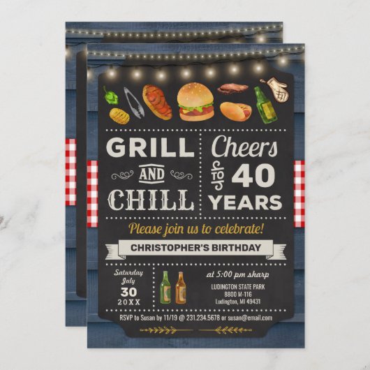 40e BBQ Grill and Chill Birthday Invitation Kaart (Voorkant / Achterkant)
