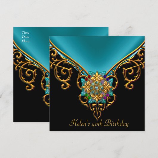 40e Birthday Black Blauwgroen Blue Gold jewel Kaart (Voorkant / Achterkant)