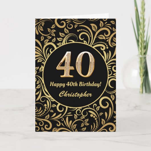40e Birthday Black en Gold Floral Pattern Kaart (Voorkant)