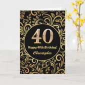 40e Birthday Black en Gold Floral Pattern Kaart (Gele Bloem)