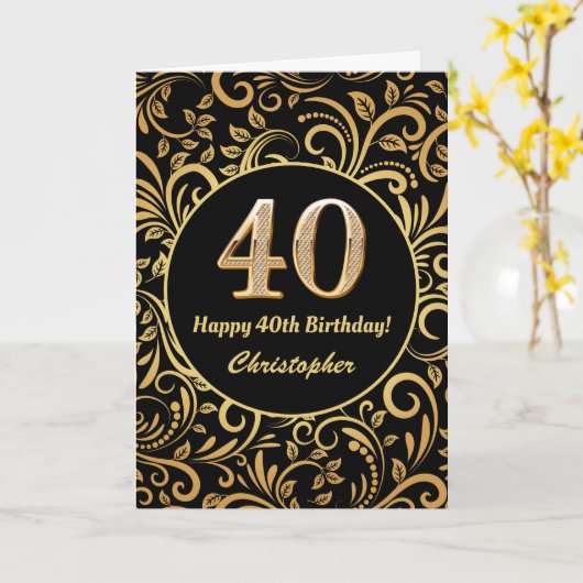 40e Birthday Black en Gold Floral Pattern Kaart (Gele Bloem)