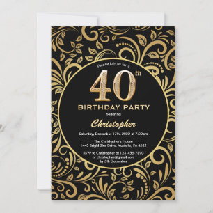 40e Birthday Black en Gold Floral Pattern Kaart