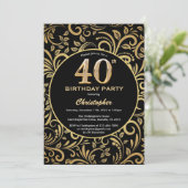 40e Birthday Black en Gold Floral Pattern Kaart (Staand voorkant)
