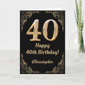 40e Birthday Black en Gold Glitter Lijst Kaart (Voorkant)