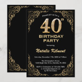 40e Birthday Black en Gold Glitter Lijst Kaart (Voorkant / Achterkant)
