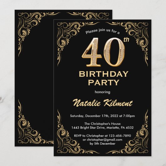 40e Birthday Black en Gold Glitter Lijst Kaart (Voorkant / Achterkant)