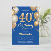 40e Birthday Blue en Gold Balloons Confetti Kaart (Staand voorkant)