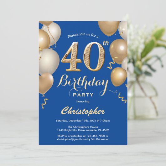 40e Birthday Blue en Gold Balloons Confetti Kaart (Staand voorkant)
