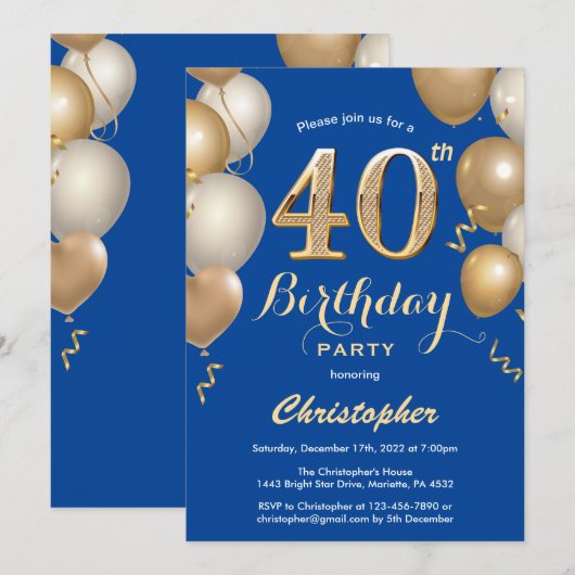 40e Birthday Blue en Gold Balloons Confetti Kaart (Voorkant / Achterkant)