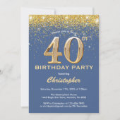 40e Birthday Blue en Gold Glitter Confetti Kaart (Voorkant)