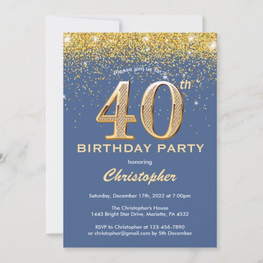 40e Birthday Blue en Gold Glitter Confetti Kaart (Voorkant)