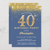 40e Birthday Blue en Gold Glitter Confetti Kaart (Voorkant / Achterkant)