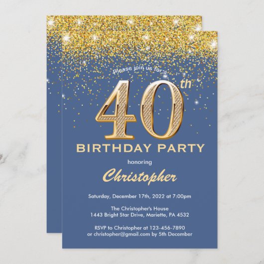40e Birthday Blue en Gold Glitter Confetti Kaart (Voorkant / Achterkant)
