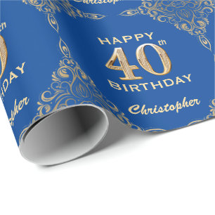 40e Birthday Blue en Gold Glitter Lijst Cadeaupapier