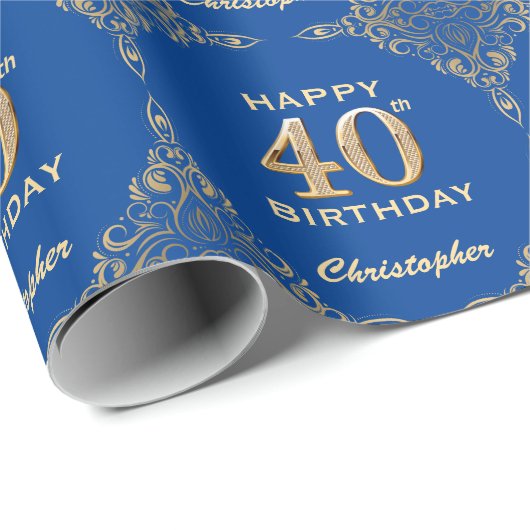 40e Birthday Blue en Gold Glitter Lijst Cadeaupapier (Rol Hoek)