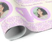 40e Birthday foto demask crème paars wrapping Cadeaupapier (Rol Hoek)