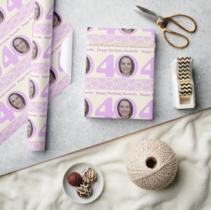 40e Birthday foto demask crème paars wrapping W Cadeaupapier