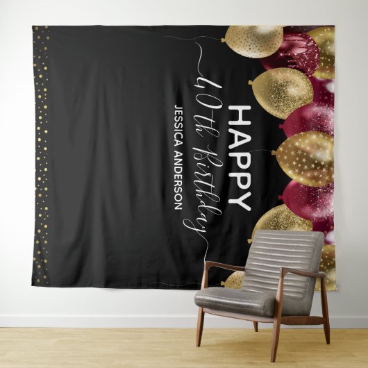 40e Birthday Gold Burgundy Black ballon Wandkleed (In Situ (horizontaal))