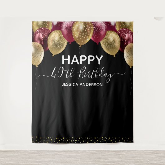 40e Birthday Gold Burgundy Black ballon Wandkleed (Voorkant)