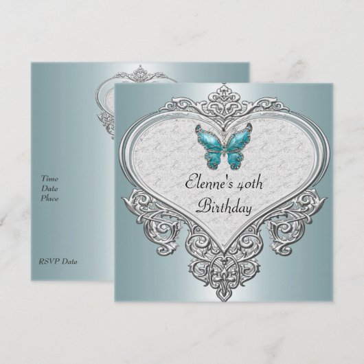 40e Birthday Heart Soft Blauwgroen Blue Butterfly  Kaart (Voorkant / Achterkant)