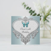 40e Birthday Heart Soft Blauwgroen Blue Butterfly  Kaart (Staand voorkant)